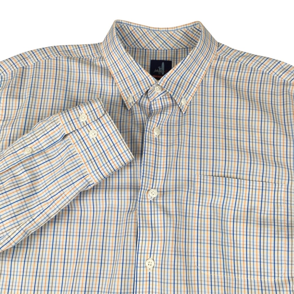 johnnie-O Button Down Shirt Mens XL Blue Orange Prep-Formance Plaid Stretch LS